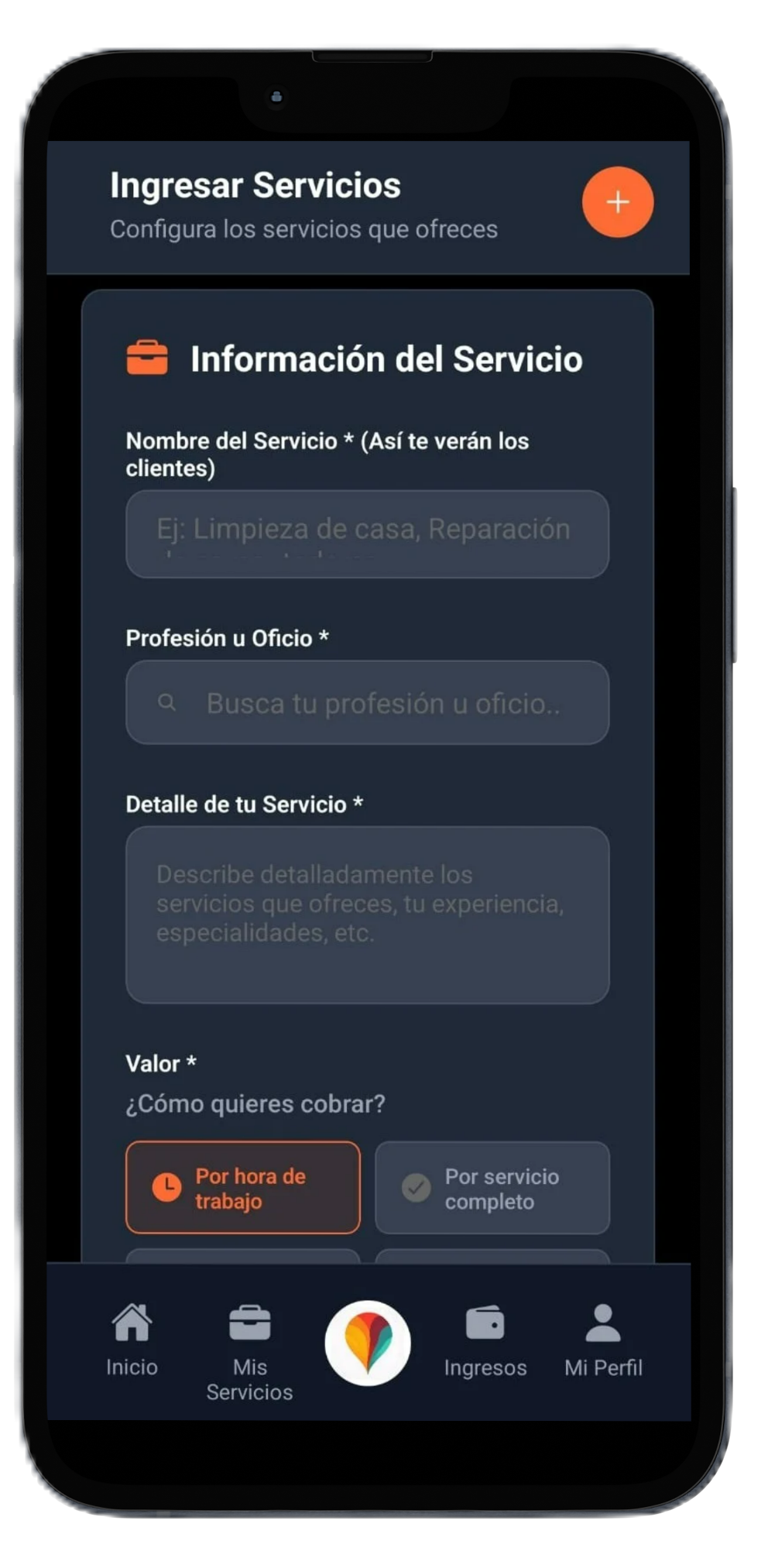 WorkMatchfy app - Interfaz para ofrecer servicios profesionales: crear perfil, agregar servicios y recibir solicitudes