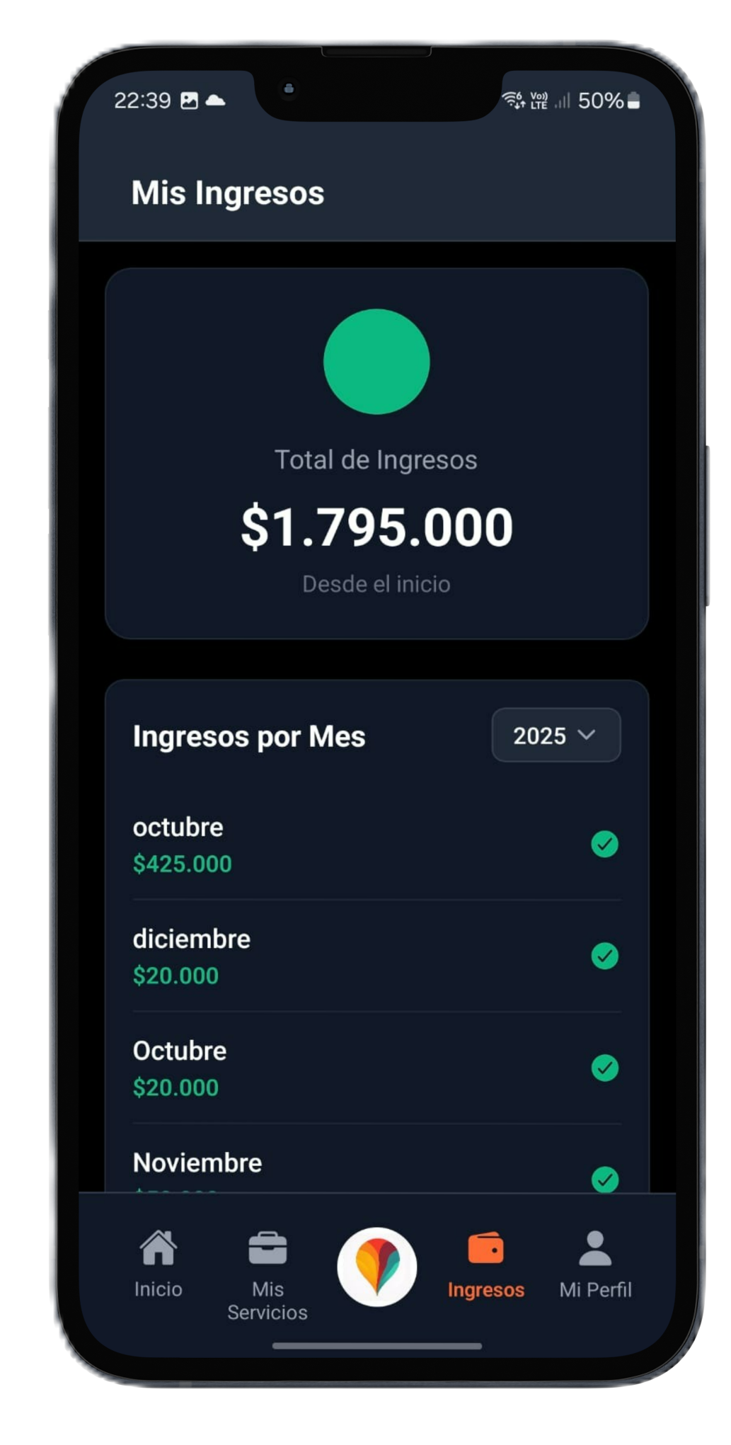 WorkMatchfy app - Panel de ingresos para prestadores de servicios: ver ganancias y pagos protegidos