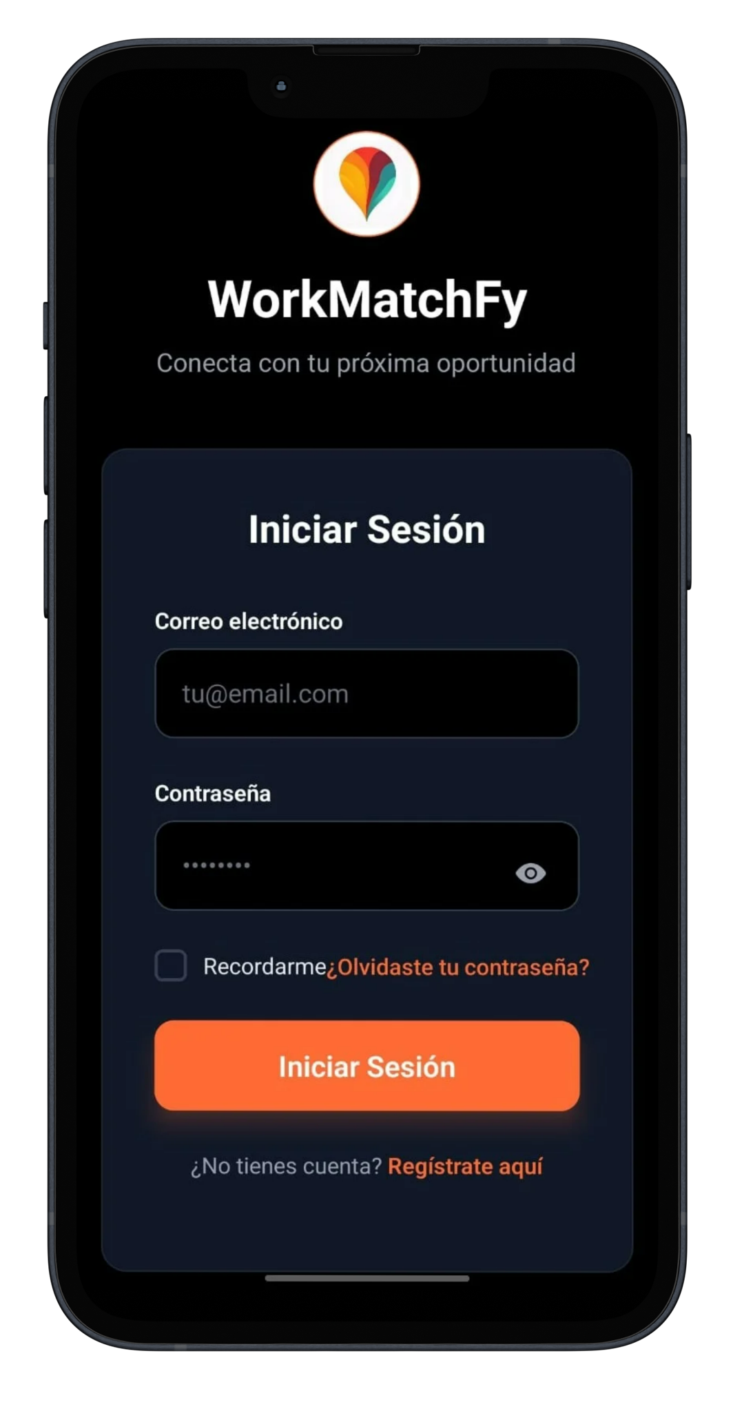 WorkMatchfy app - Pantalla de inicio de sesión para profesionales que ofrecen servicios en Chile